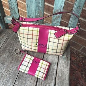 COACH Pink and Cream Plaid Mini Bag & Wallet Clutch Set